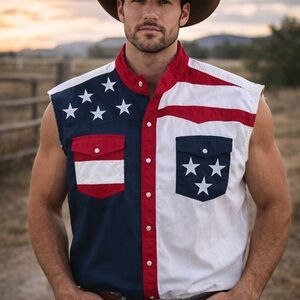Roper Men's Red, White, and Blue Sleeveless Shirt